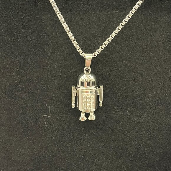 Silver Toned Blingy R2D2 Like Robot Necklace - Movable Arms/Legs - Picture 2 of 5